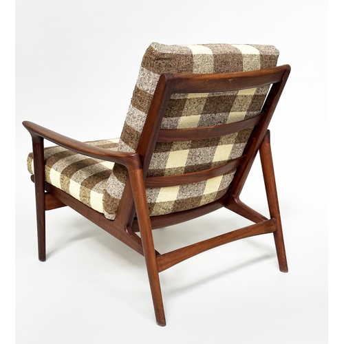 286 - ARMCHAIR, mid 20th century Danish teak, with brown check upholstered cushions.