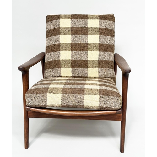 286 - ARMCHAIR, mid 20th century Danish teak, with brown check upholstered cushions.