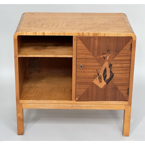 287 - SCANDINAVIAN CABINET, mid 20th century birch with marquetry panelled door, 65cm W x 63cm H x 40cm D.