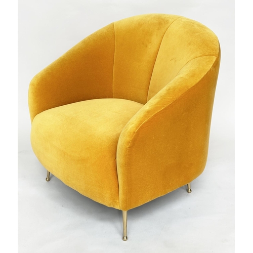 298 - HEAL'S ARMCHAIR, yellow velvet upholstered with curved back and tapering gilt metal supports, labell... 