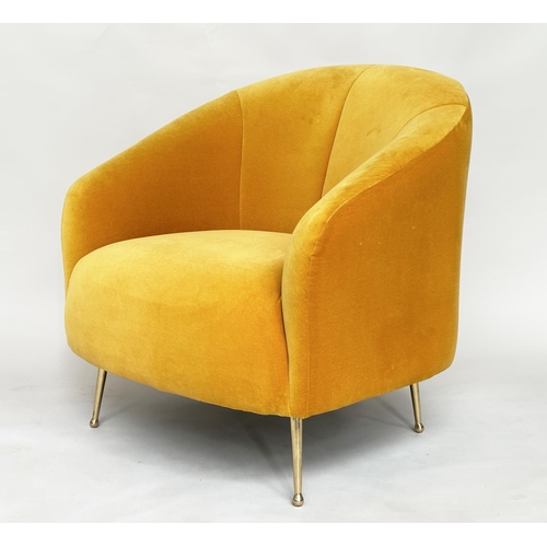 298 - HEAL'S ARMCHAIR, yellow velvet upholstered with curved back and tapering gilt metal supports, labell... 