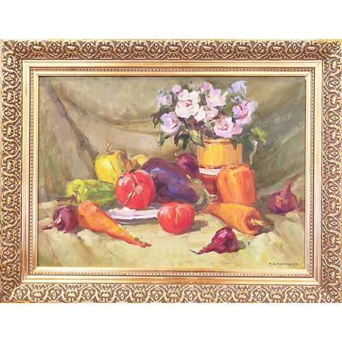 46 - PAVEL BOGDANOV (1912-1996), 'Still life with vegetables' 1960s, oil on board, 35cm x 49cm.