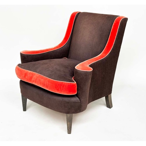 123 - WILLIAM YEOWARD ARMCHAIR, vintage brown and red velvet with scroll arms and square tapering supports... 