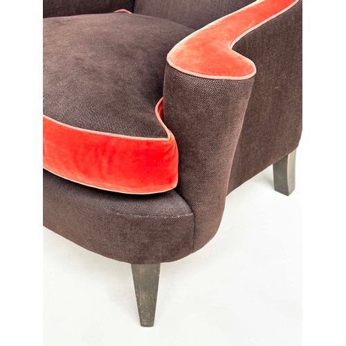 123 - WILLIAM YEOWARD ARMCHAIR, vintage brown and red velvet with scroll arms and square tapering supports... 