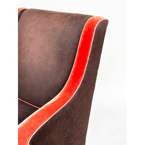 123 - WILLIAM YEOWARD ARMCHAIR, vintage brown and red velvet with scroll arms and square tapering supports... 