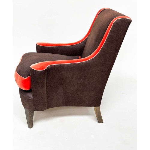 123 - WILLIAM YEOWARD ARMCHAIR, vintage brown and red velvet with scroll arms and square tapering supports... 