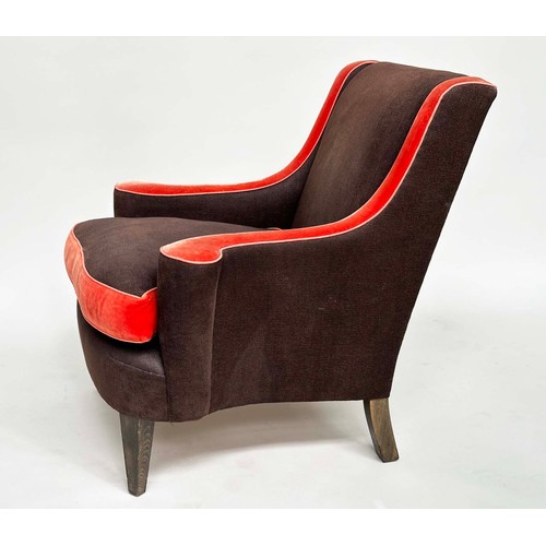 123 - WILLIAM YEOWARD ARMCHAIR, vintage brown and red velvet with scroll arms and square tapering supports... 