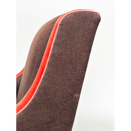 123 - WILLIAM YEOWARD ARMCHAIR, vintage brown and red velvet with scroll arms and square tapering supports... 