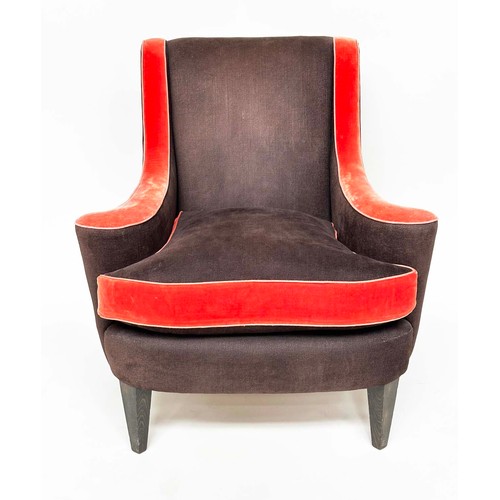 123 - WILLIAM YEOWARD ARMCHAIR, vintage brown and red velvet with scroll arms and square tapering supports... 