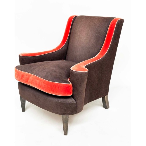 123 - WILLIAM YEOWARD ARMCHAIR, vintage brown and red velvet with scroll arms and square tapering supports... 