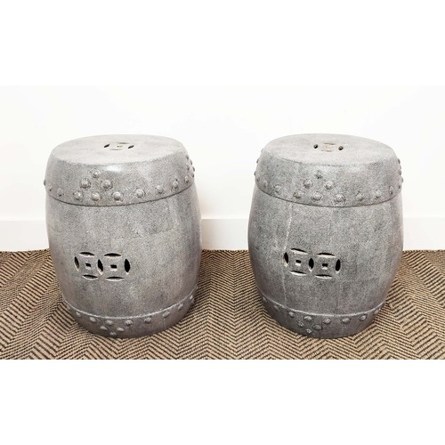 293 - CERAMIC CHINESE STOOLS, a pair, in a shagreen style finish, each 38cm W x 47cm H. (2)