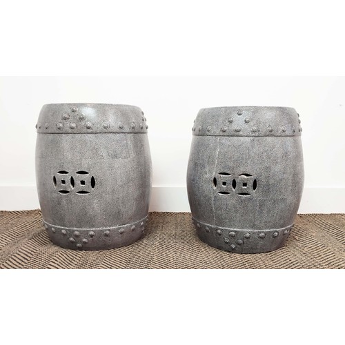 293 - CERAMIC CHINESE STOOLS, a pair, in a shagreen style finish, each 38cm W x 47cm H. (2)