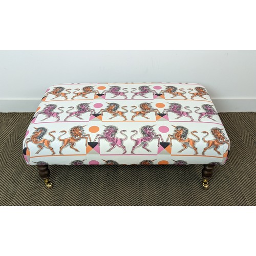 373 - HEARTH STOOL, with unicorn print upholstery, 101cm x 61cm x 37cm.