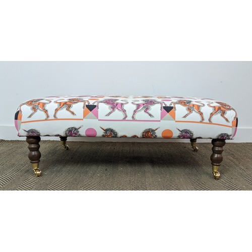 373 - HEARTH STOOL, with unicorn print upholstery, 101cm x 61cm x 37cm.