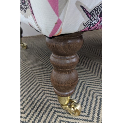 373 - HEARTH STOOL, with unicorn print upholstery, 101cm x 61cm x 37cm.