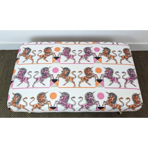 373 - HEARTH STOOL, with unicorn print upholstery, 101cm x 61cm x 37cm.