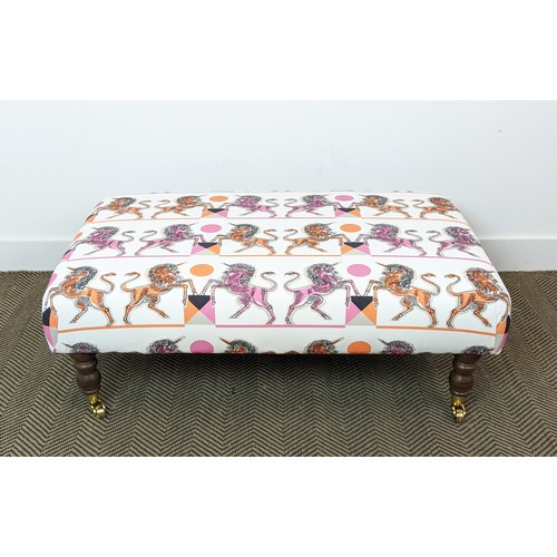 373 - HEARTH STOOL, with unicorn print upholstery, 101cm x 61cm x 37cm.