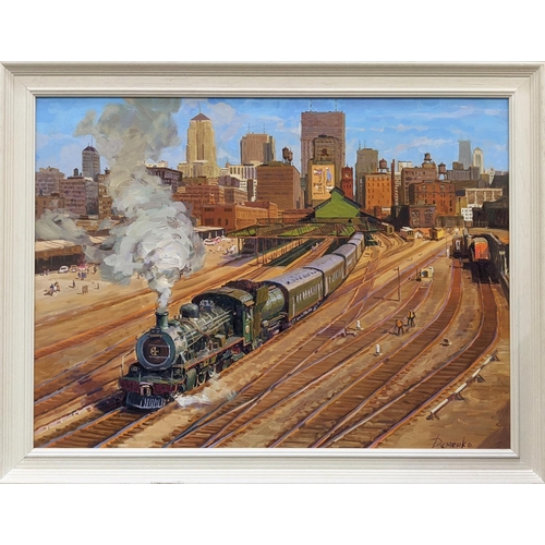 34 - ANATOLIY DEMENKO (21st century), 'The train set off' 1970, oil on canvas, 59cm x 79cm.