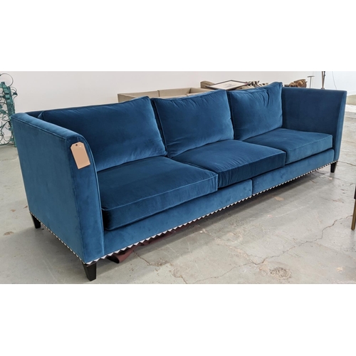 386 - SOFA, blue velvet, with a decorative black and white border, 100cm D x 300cm W.