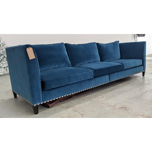 386 - SOFA, blue velvet, with a decorative black and white border, 100cm D x 300cm W.