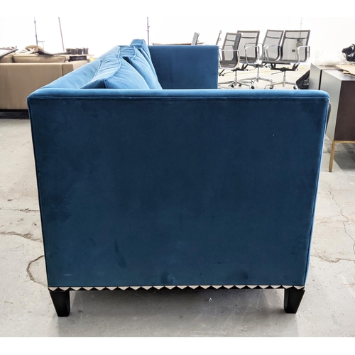 386 - SOFA, blue velvet, with a decorative black and white border, 100cm D x 300cm W.