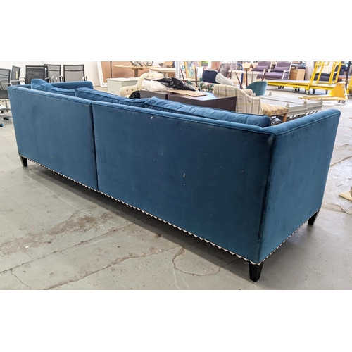 386 - SOFA, blue velvet, with a decorative black and white border, 100cm D x 300cm W.