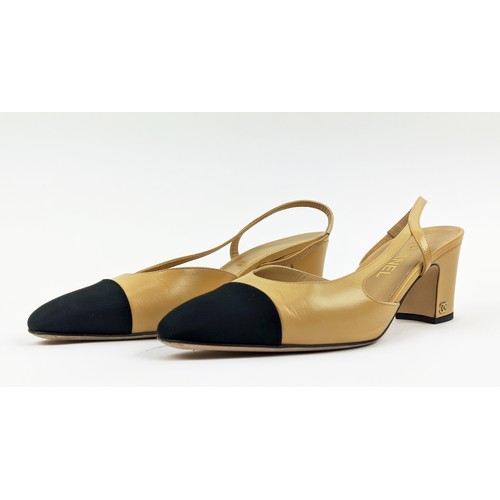 83 - CHANEL SLINGBACK SHOES, beige goatskin leather with black grosgrain toe, iconic CC logo in gold tone... 