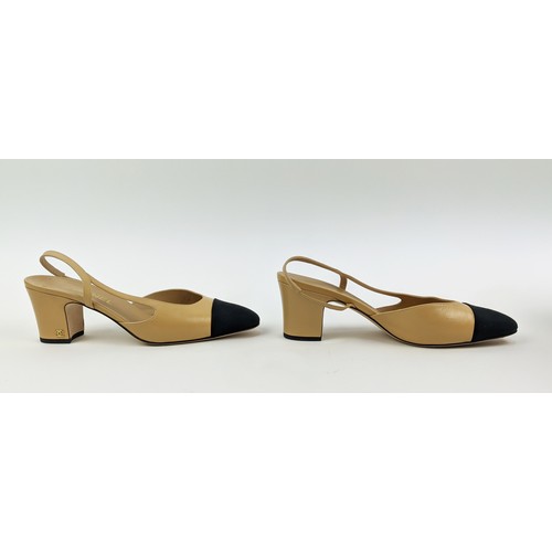 83 - CHANEL SLINGBACK SHOES, beige goatskin leather with black grosgrain toe, iconic CC logo in gold tone... 