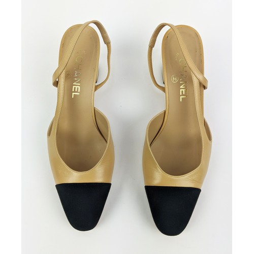 83 - CHANEL SLINGBACK SHOES, beige goatskin leather with black grosgrain toe, iconic CC logo in gold tone... 