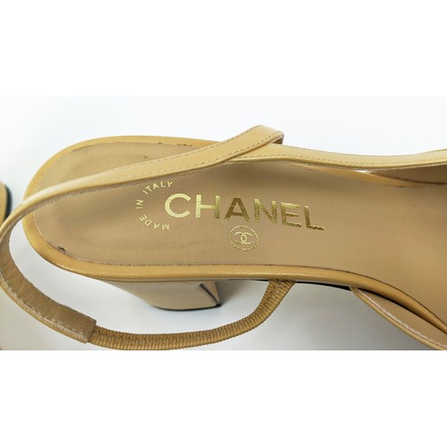 83 - CHANEL SLINGBACK SHOES, beige goatskin leather with black grosgrain toe, iconic CC logo in gold tone... 