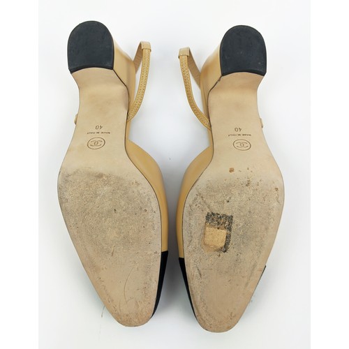 83 - CHANEL SLINGBACK SHOES, beige goatskin leather with black grosgrain toe, iconic CC logo in gold tone... 