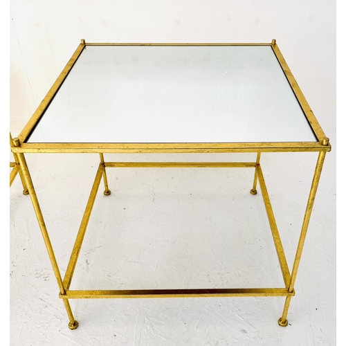 337 - SIDE TABLES,  pair, gilt metal frames with square glass tops, 51cm H x 51cm W x 51cm D. (2)