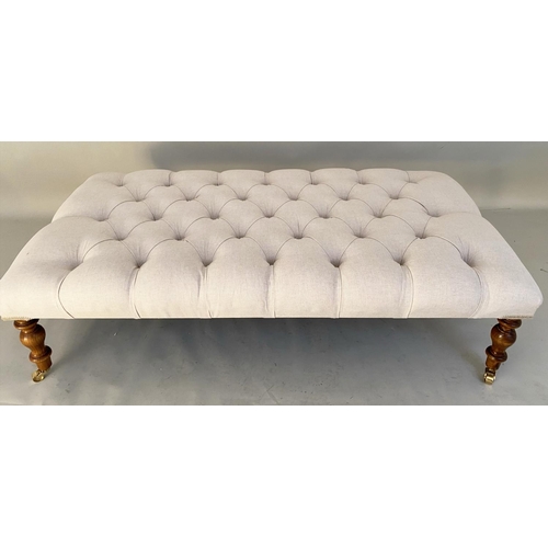 342 - FOOTSTOOL, deep buttoned neutral linen upholstery on turned supports, 33cm H x 120cm L x 62cm W