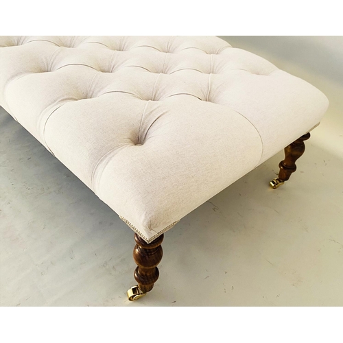 342 - FOOTSTOOL, deep buttoned neutral linen upholstery on turned supports, 33cm H x 120cm L x 62cm W