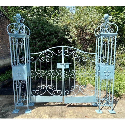 344 - ARCHITECTURAL GARDEN GATE, Regency style blue painted metal, 168cm H x 166cm W.