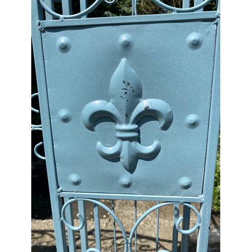 344 - ARCHITECTURAL GARDEN GATE, Regency style blue painted metal, 168cm H x 166cm W.