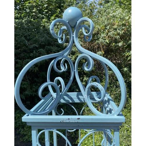 344 - ARCHITECTURAL GARDEN GATE, Regency style blue painted metal, 168cm H x 166cm W.