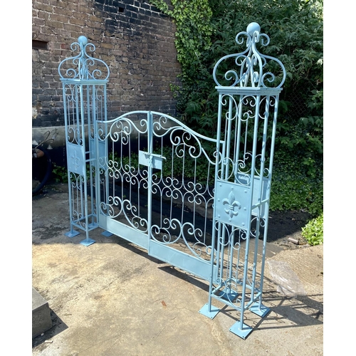 344 - ARCHITECTURAL GARDEN GATE, Regency style blue painted metal, 168cm H x 166cm W.