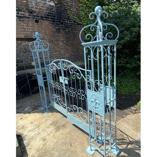 344 - ARCHITECTURAL GARDEN GATE, Regency style blue painted metal, 168cm H x 166cm W.