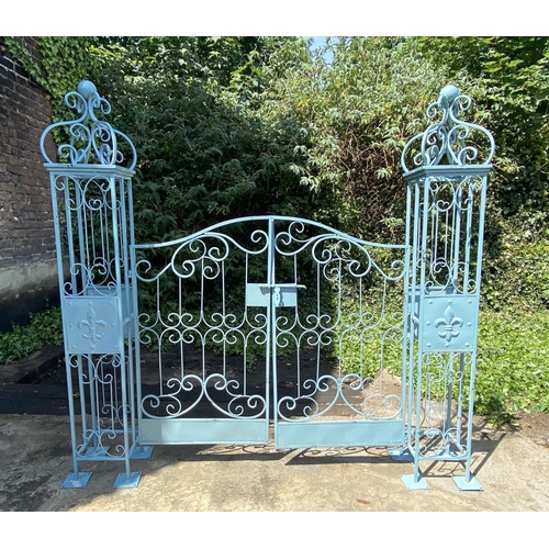 344 - ARCHITECTURAL GARDEN GATE, Regency style blue painted metal, 168cm H x 166cm W.