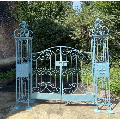 344 - ARCHITECTURAL GARDEN GATE, Regency style blue painted metal, 168cm H x 166cm W.