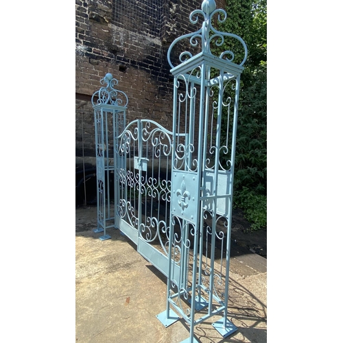 344 - ARCHITECTURAL GARDEN GATE, Regency style blue painted metal, 168cm H x 166cm W.