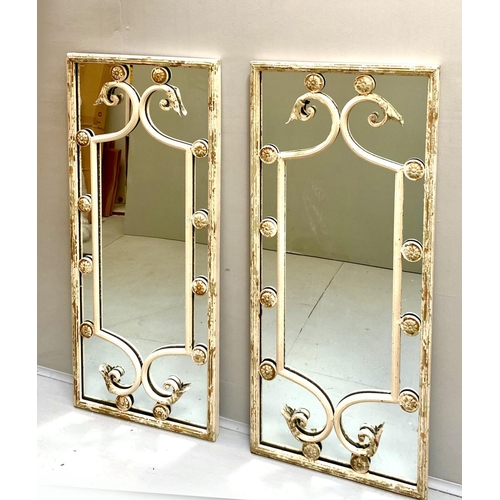 345 - ARCHITECTURAL WALL MIRRORS, a pair, Italian style with distressed painted frames, 11cm H x 48cm W. (... 