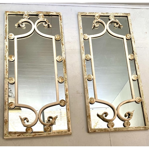 345 - ARCHITECTURAL WALL MIRRORS, a pair, Italian style with distressed painted frames, 11cm H x 48cm W. (... 