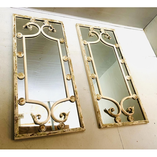 345 - ARCHITECTURAL WALL MIRRORS, a pair, Italian style with distressed painted frames, 11cm H x 48cm W. (... 