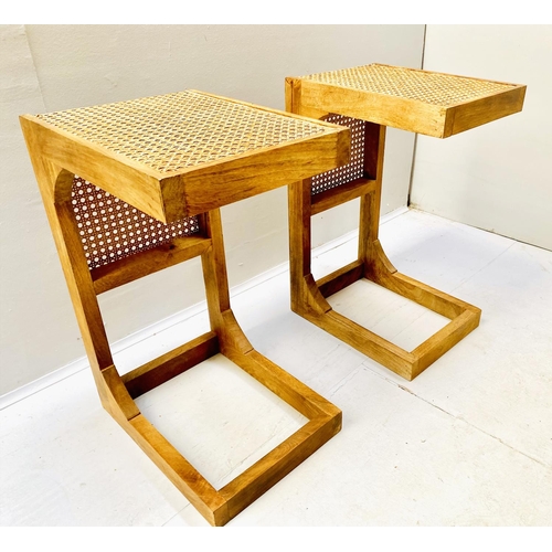 348 - SIDE TABLES, a pair, teak and rattan, 60cm H x 30cm W x 40cm D (2)