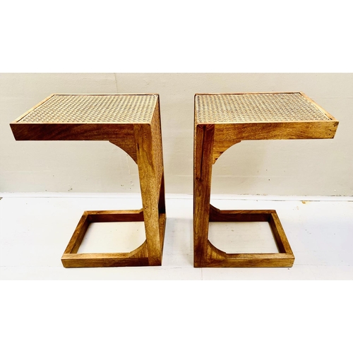 348 - SIDE TABLES, a pair, teak and rattan, 60cm H x 30cm W x 40cm D (2)