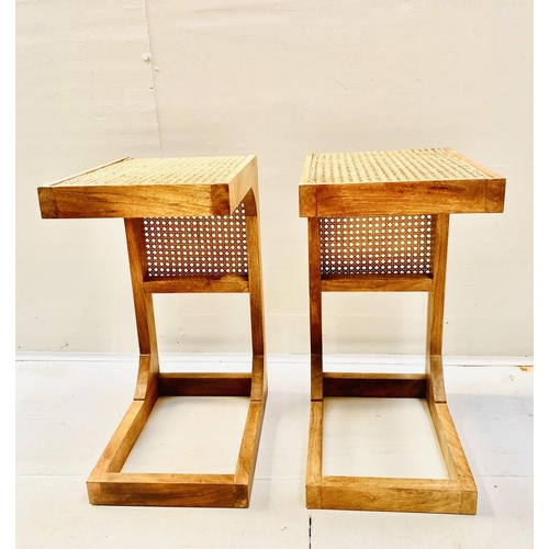 348 - SIDE TABLES, a pair, teak and rattan, 60cm H x 30cm W x 40cm D (2)