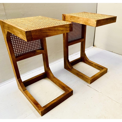 348 - SIDE TABLES, a pair, teak and rattan, 60cm H x 30cm W x 40cm D (2)