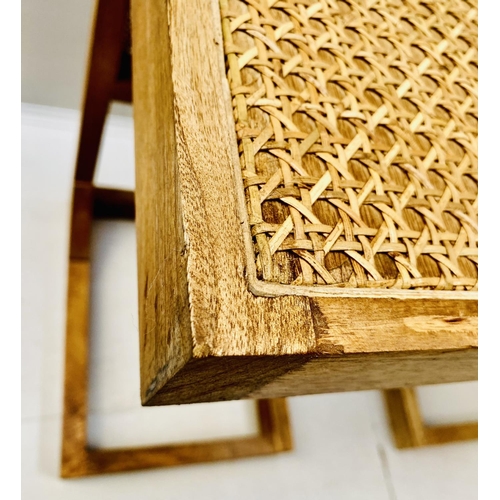 348 - SIDE TABLES, a pair, teak and rattan, 60cm H x 30cm W x 40cm D (2)